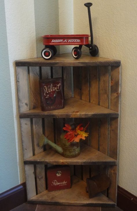 Corner Unit Rustic Shelves Corner Crate Shelf Grey Shelving Knick Knack Display Storage Ideas This is a rustic corner unit or crate shelf and can be hung on a wall or can be used to sit on a counter or floor to display your items! Display your knick knacks or collectables. The color shown is a Corner Crates Ideas, Wood Crate Shelves On Wall, Diy Shelves Design, Diy Shelves Ideas, Rustic Corner Shelf, Crate Shelf, Corner Shelf Ideas, Wooden Corner Shelf, Staircase Landing