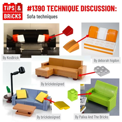 #1390 TECHNIQUE DISCUSSION: Sofa techniques Lego House Moc, Lego Couch, Lego Living Room, Lego Furniture Ideas, Lego Interior Design, Lego Creations Instructions, Lego Diy Crafts, Lego Tutorials, Lego House Ideas