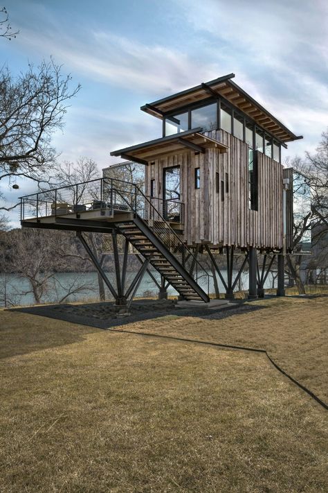 Tree House by Ryan Street Architects - Dwell Stilt Tree House, Property Ideas, Glass Cabin, Building A Treehouse, Lake Austin, House On Stilts, Timber Beams, Micro House, Casa Container