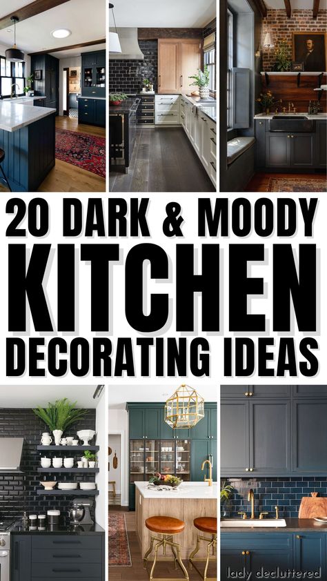 20 Dark & Moody Kitchen Decorating Ideas Dark Cabinets Kitchen Decor, Moody Kitchen Decor, Moody Kitchen Design, Dark And Moody Kitchen, Black Walls Kitchen, Dark Moody Kitchen, Kitchen Cabinets With Black Appliances, Dark Kitchen Ideas, Dark Kitchen Floors