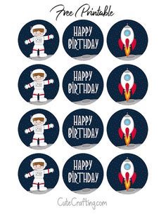 Outer Space Astronaut Spaceship Printable Happy Birthday Cupcake Toppers Spaceship Printable, Happy Birthday Written, Outer Space Background, Space Cupcakes, Happy Birthday Writing, Cupcake Toppers Free, Happy Birthday Cupcake, Sloth Birthday, Astronaut Birthday