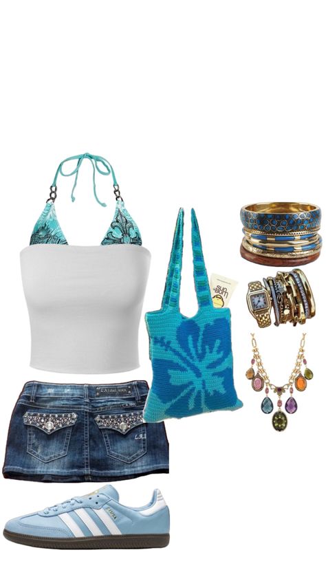 #adidassambas#blue#summerfit#y2k#beach Blue Y2k Outfit, Beach Aesthetic Outfits, Beach Girl Outfits, Aesthetic Outfits Y2k, Y2k Outfits Summer, Mcbling Fashion, Y2k Beach, Outfits 2000s, Hawaii Outfits