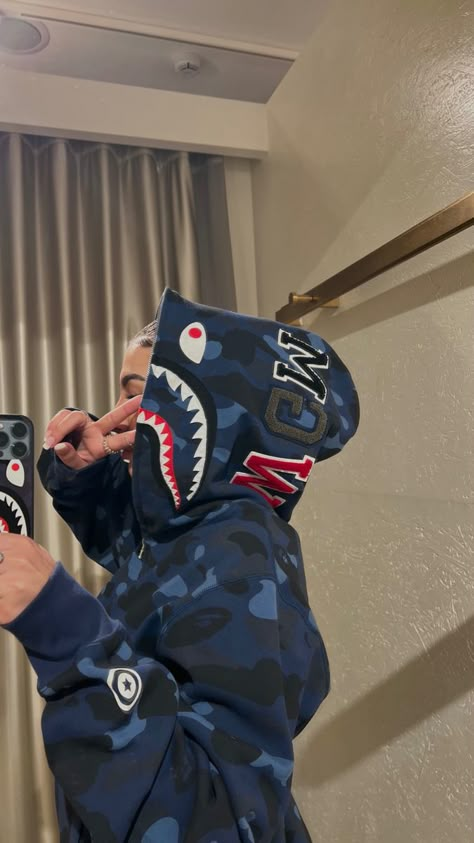 Blue Bape Hoodie Outfit, Bape Hoodie Aesthetic, Bape Backpack, Blue Bape Hoodie, Pasha Style, Black Bedroom Decor, Bape Shark, Cholo Style, Bape Hoodie