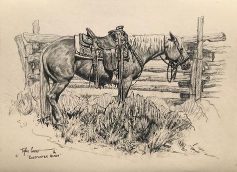 Vintage Western Drawings, Old Cowboy Art, Country Drawings Westerns, Ranch Drawing, Cowboy Art Drawing, Cowboy Sketch, Western Sketches, Western Drawings, Ranch Horse