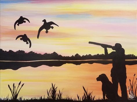 Camo Painting Ideas On Canvas, Fishing Paintings Easy, Duck Hunting Painting Easy, Hunting Scene Painting, Western Canvas Painting Ideas, Hunting Painting Ideas, Fishing Drawing Ideas, Hunters Journal, Western Painting Canvas