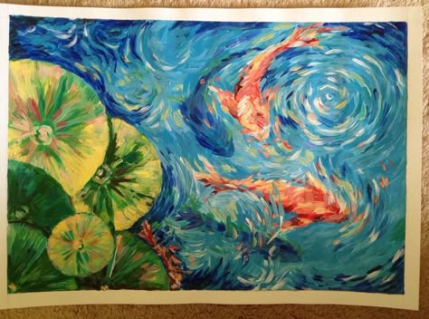 Diptych Art Ideas, Painting Ideas Koi Fish, Koi Pond Drawing, Art With Oil Pastels, Arte Do Ukulele, Koi Fish Painting, Koi Painting, Koi Art, Oil Pastel Art