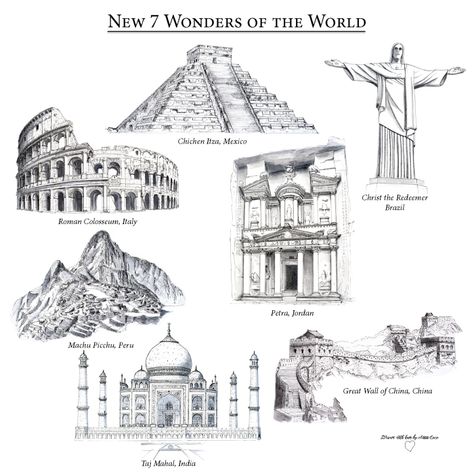 New Map: The new 7 wonders of the World | Beautiful Things Photography Wonders Of The World Drawing, World Drawing Easy, Christ The Redeemer Brazil, 7 World Wonders, The World Drawing, World Drawing, 7 Wonders Of The World, Seven Wonders Of The World, 7 Wonders