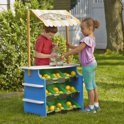 Design Job: Let Your Imagination Run Wild as Melissa & Doug's Furniture Designer Pretend Play Grocery Store, Kids Lemonade Stands, Play Grocery Store, Kids Lemonade, Healthy Breakfast Bowl, Ice Cream Stand, Fabric Awning, Wooden Playset, Pretend Play Kitchen