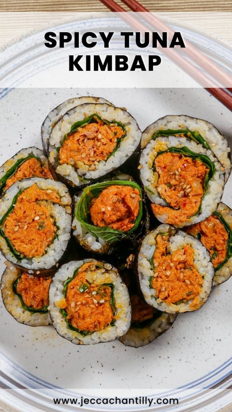 Tuna Gimbap Korean, Kimbap Recipe Tuna, Spicy Tuna Kimbap, Korean Tuna Recipe, Tuna Kimbap Recipe, Tuna Kimbap, Kimbap Recipe, Koreansk Mad, Korean Heritage