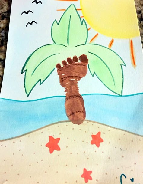 Palm Tree Footprint Art, Summer Art Ideas For Infants, Summer Feet Print Crafts, Beach Infant Crafts, Summer Baby Crafts Ideas, Beach Crafts For Infants, Palm Tree Crafts For Kids, Summer Footprint Crafts, Summer Baby Crafts