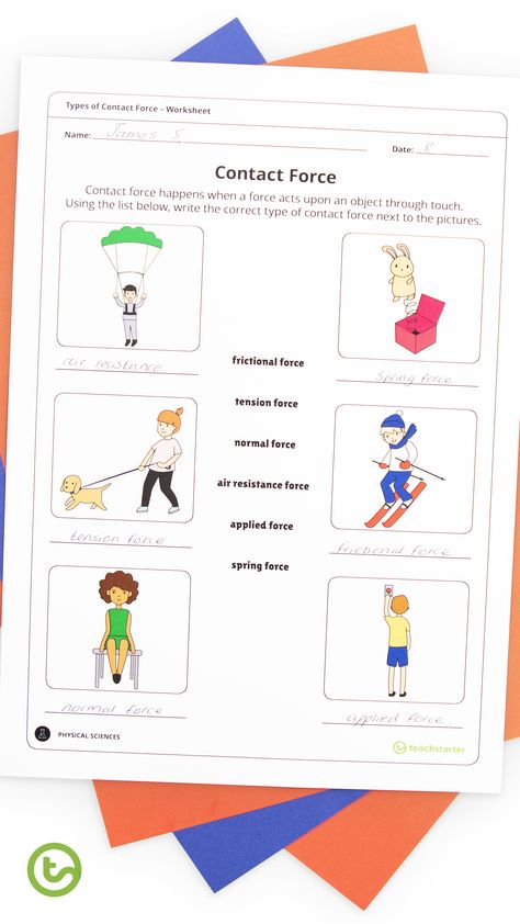 A printable worksheet for the students to identify the types of force which are active in a variety of situations. Force Worksheet, Types Of Forces, Normal Force, 3rd Grade Science, Chemical Science, Display Banners, Unit Plan, Elementary School Teacher, Educational Worksheets