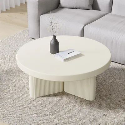 Japandi White Fluted Coffee Table With Round Wood Tabletop Fluted Coffee Table, Round Coffee Table Styling, Acrylic Coffee Table, Simplistic Style, Round Wood Coffee Table, Coffee Table With Drawers, Rattan Coffee Table, Coffee Table Farmhouse, Black Coffee Tables