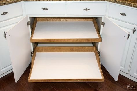 DIY Slide-Out Shelves | DIY pull-out shelf | How to make sliding shelf for kitchen cabinet | Step by step slide-out shelf tutorial | DIY cabinetry and woodworking | #DIY #kitchen #organization | TheNavagePatch.com Diy Pull Out Shelves, Diy Dishwasher Tablets, Cabinetry Diy, Diy Slide, Roll Out Shelves, Diy Shelving, Diy Slides, Sliding Cabinet, Slide Out Shelves