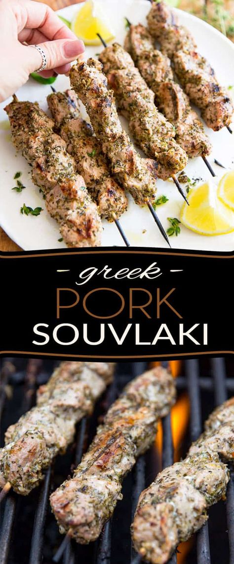 These Greek Pork Souvlaki are very easy to make and taste so crazy good, you'll want them to keep your outdoor grill occupied all summer long! Greek Pork Loin Recipes, Summer Pork Recipes, Greek Pork Recipes, Greek Pork Souvlaki Marinade, Greek Pork Kebab Recipes, Greek Lamb Souvlaki Recipe, Pork Souvlaki Oven, Souvlaki Spice Blend, Pork Kebabs