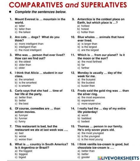 Esl Worksheets For Beginners, Comparatives And Superlatives, English Grammar Exercises, Grammar Quiz, English Teaching Materials, Grammar Exercises, Superlative Adjectives, English Exercises, English Grammar Worksheets