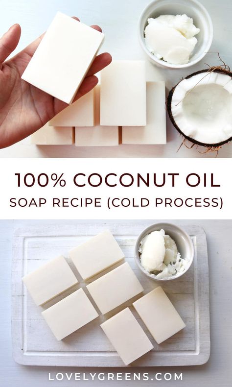 How to Make Pure 100% Coconut Oil Soap (Cold-Process Recipe) Coconut Oil Soap Recipe, Natural Soaps Recipes, Cold Pressed Soap, Diy Soap Bars, Easy Soap Recipes, Diy Soap Recipe, Coconut Oil Soap, Cold Process Soap Recipes, Handmade Soap Recipes