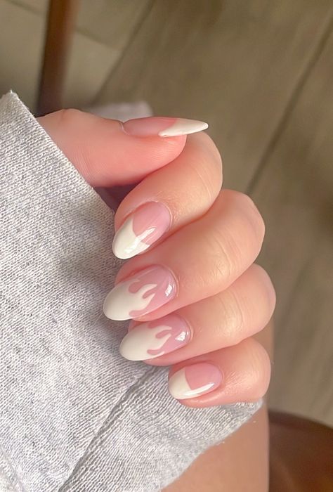 French Tip Flame Nails, White Flame Nails Almond, Almond Shape White French Tip, White On White Almond French, White Nail Designs Almond, White French Tip Nails Almond Abstract, Cute Almond Nails, White Almond Nails, White French Tip