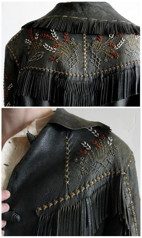 Nez Perce Hand Beaded Vintage Black Leather Jacket Beaded Leather Jacket, Embroidery On Leather Jacket, Leather Jacket Embroidery, Diy Leather Jacket, Embroidery On Leather, Vintage Black Leather Jacket, Style Roots, Leather Embroidery, Diy Jacket