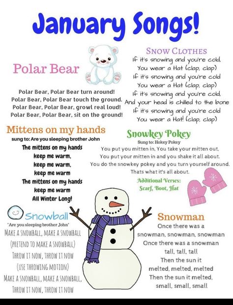 January Songs, Winter Songs For Preschool, January Preschool Themes, Daycare Printables, January Lesson Plans, Literacy Preschool, Ece Activities, January Theme, Songs For Preschool