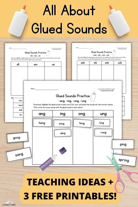 All About Glued Sounds: Teaching Tips   Free Printables Glued Sounds, Sound Free, Free Worksheets, Teaching Tips, Anchor Charts, 1st Grade, Grade 1, First Grade, Phonics