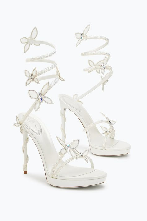 Margot Crystal White Platform Sandal 120 White Shoes For Dress, Sweet Sixteen Heels, Fairy Prom Shoes, White Wrap Up Heels, White Fairy Heels, Wedding Shoes Butterfly, Wedding Shoes Fairytale, Strappy Wedding Heels, White Heels Wedding Bridal Shoes