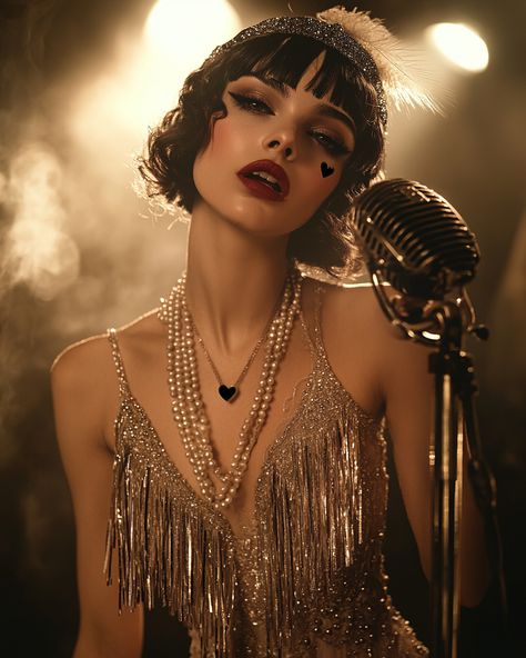 A 1920s jazz singer stands under a soft spotlight, her shimmering gown and vintage microphone capturing the essence of the Roaring Twenties. The art deco backdrop enhances the nostalgic charm, evoking the glamour of a smoky jazz club. This image is part of an exclusive Patreon collection, celebrating the timeless beauty of jazz and vintage aesthetics. Perfect for vintage lovers, retro creatives, and music enthusiasts. 1920s Jazz Singer, Shimmering Gown, 1920s Jazz, Jazz Singer, 1920's Fashion, Artistic Fashion, The Roaring Twenties, Jazz Club, Vintage Lovers