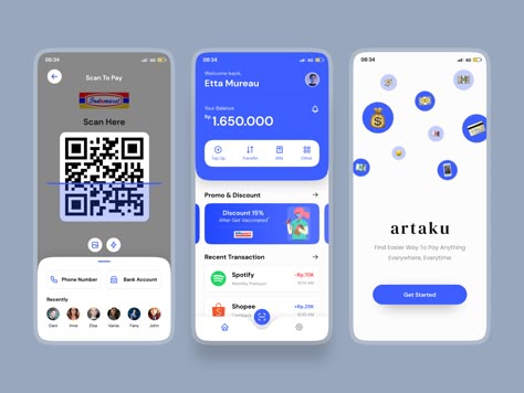 artaku • E-wallet App by Viola Dwi P. Cellphone Illustration, Fintech Mobile App, Mobile App Ui Design Inspiration, Cash Icon, Bitcoin Balance, App Design Trends, Wallet Inspiration, App Ui Design Inspiration, Icon Layout