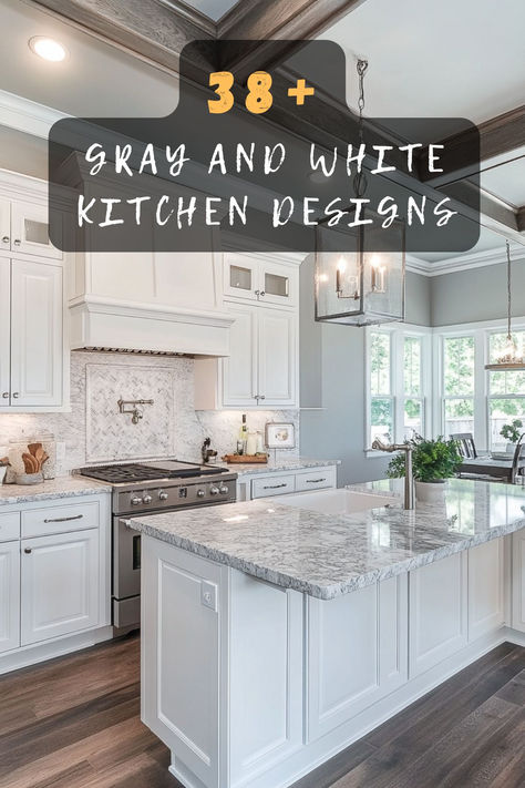 Elevate your home with 38 stunning gray and white kitchen designs. 🍽️🎨 These ideas feature sleek cabinetry, elegant countertops, and modern decor that create a timeless and chic ambiance. Ready to transform your kitchen? Click to explore all the stylish designs! #GrayAndWhiteKitchen #ChicAmbiance #SleekCabinetry #ModernDecor #TimelessStyle White Granite Kitchen Ideas, Grey Marble Countertops Kitchen, Silver Kitchen Decor, Kitchen Remodel White Cabinets, White And Grey Kitchen Cabinets, Gray Marble Countertops, White Kitchen Decor Ideas, White And Gray Kitchen, White Kitchen Designs