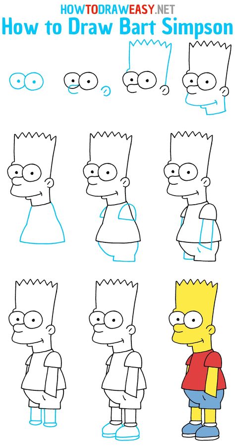 Beginner Cartoon Drawing, Easy Bart Simpson Drawing, Drawing The Simpsons, Step By Step Drawing Simpsons, How To Easy Drawings, Cartoon Drawing Collage, How To Draw Simpsons Characters, The Simpson Drawing Easy, How To Draw Lisa Simpson Step By Step