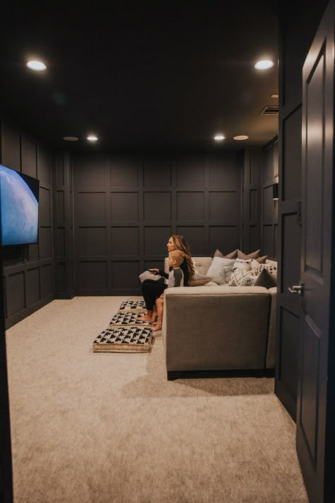 Our Dark Gray Home Theater Room With Wall Paneling Black Wall Movie Room, Media Room With Fireplace, Tv Room In Basement, Movie Room And Office, Bedroom Into Movie Room, Small In Home Theater Room, Media Room Shelving Ideas, Theater And Game Room Ideas, Tv Wall Dark Paint