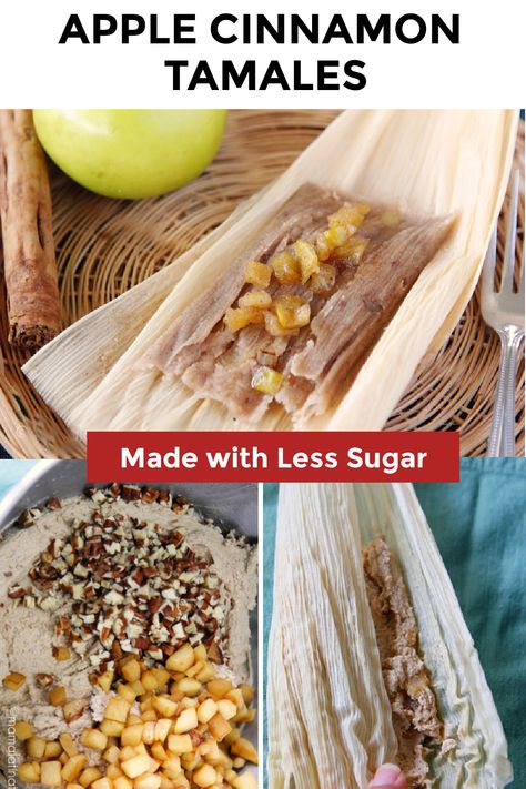 a collage of steps on how to make apple sweet tamales Mexican Sweet Tamales Recipe, Tamale Recipes Easy, Chocolate Tamales Recipe, Sweet Tamales Mexican, Sweet Tamales Recipe Mexico, How To Make Sweet Tamales, Fruit Tamales Recipe, Dessert Tamales Recipe, Sweet Tamales Authentic Mexican