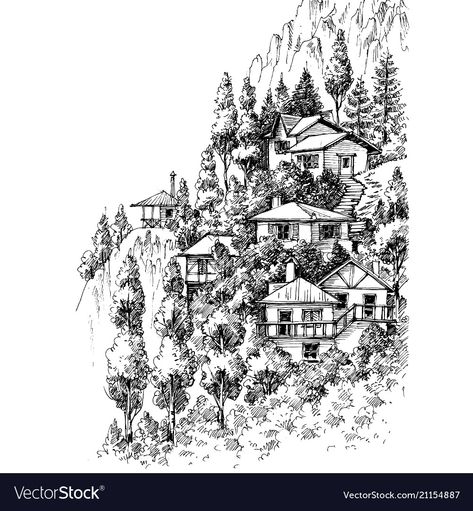 Mountain Village Drawing, Two Paths Drawing, Village Sketch, Tiny Sketchbook, Mountains Drawing, Village Drawing, Book Drawings, Mountain Sketch, Alpine Landscape