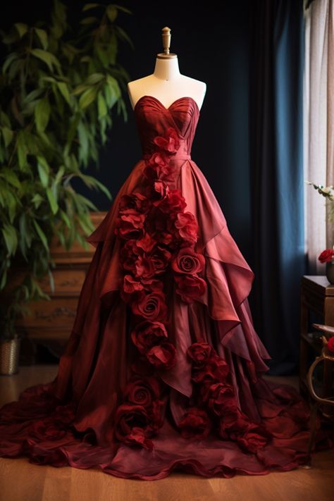 Rose Themed Dress, Rose Inspired Dress, Rose Ball Gown, Macabre Wedding, Red Roses Dress, Rose Petal Dress, Gown Aesthetic, Rp Outfits, Dress With Roses