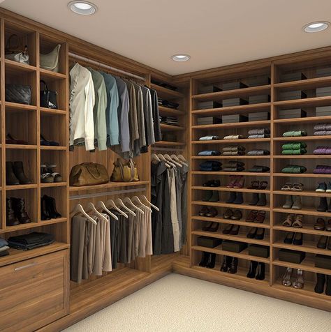 Chestnut brown custom closet view 1 Brown Walk In Closet, Dream Master Closet, Container Store Closet, My Dream Closet, Adu Ideas, Closet Organization Bins, Closet Idea, Master Closet Design, Organizing Tools