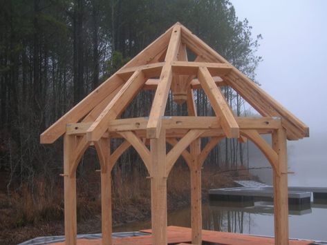 Timber frame gazebo raising on a floating dock in Alabama by MoreSun Floating Gazebo, Timber Frame Gazebo, Timber Frame Porch, Timber Frame Joinery, Roof Truss Design, Gazebo Plans, Timber Frame Construction, Backyard Gazebo, Roof Trusses