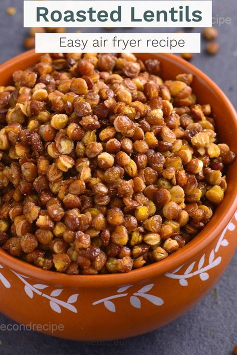 I like to air fry lentils (different types), of these I found that these (horsegram/french lentils) are the easiest one. Other types of lentils such as yellow lentils,mung beans can be air fried in a similar way. Crunchy Lentils, Air Fried Vegetable Recipes, Roasted Lentils, Air Fryer Recipes Vegetarian, Yellow Lentils, French Lentils, Lentil Dishes, Plant Based Snacks, Lentil Recipes