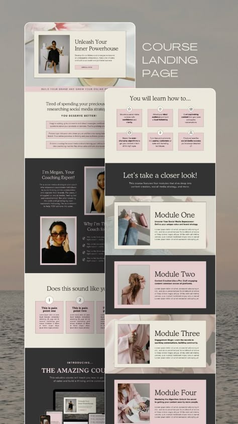 This Canva sales page template is perfect for anyone selling a course, coaching program, or online service! It includes content that is strategically designed to convert visitors into paying customers. Easily customize your template with a free Canva account and get your sales page up and running within minutes! Keywords: sales landing page, coaching sales page, landing page design, landing page inspiration, sales page template Thrivecart Sales Page, Link Page Design, Sales Page Design Inspiration, Service Page Design, Online Course Website Design, About Page Web Design, Services Page Design, Canva Aesthetic Font, Course Landing Page