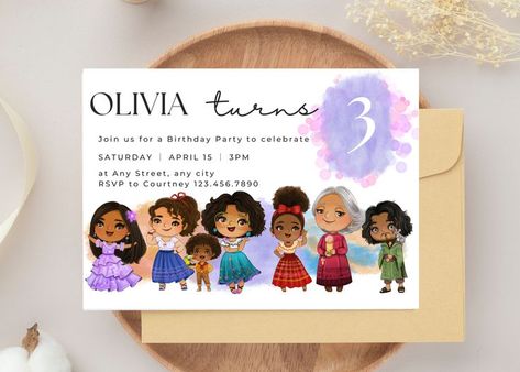 Birthday Party Invite Template, Encanto Birthday Party, Birthday Party Invite, Invite Template, Princess Birthday Party, Electronic Invitations, Birthday Invitations Girl, Printable Birthday Invitations, Third Birthday