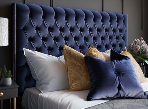 22 Best Navy Bedroom Ideas 2024 | Checkatrade Gold And Navy Bedroom Ideas, Blue Tufted Headboard Bedroom, Blue Velvet Headboard Bedroom, Navy Blue Headboard Bedroom Ideas, Navy And Gold Bedroom, Navy Bedroom Ideas, Navy Blue Headboard, Navy Headboard, Blue Upholstered Bed