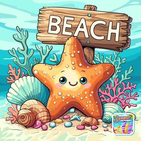 Seashell Drawing, Cartoon Drawing For Kids, Cartoon Sea Animals, Beach Drawing, Beach Illustration, Beach House Art, Detailed Coloring Pages, Painting Canvases, Cartoon Posters