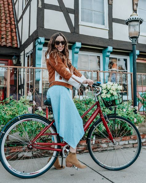 Travel Outfits - The Best Way to Spend a Weekend in Solvang, California | Lone Star Looking Glass - Duchti Bike Solvang California Outfit, Cute Bike Riding Outfits, Bike Riding Outfits, Danish Decor, Solvang California, Riding Outfits, Winter Riding, California Outfits, Princess And The Pea