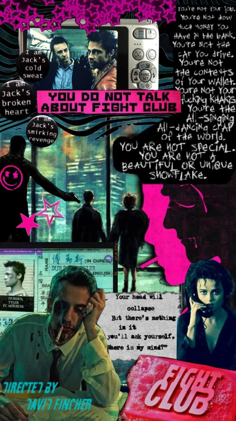 You Met Me At A Very Strange Time, Fightclub Movie Wallpaper, Movie Collage Aesthetic, Movie Moodboard, Movies Collage, Marla Singer, Movie Collage, Edward Norton, Spiderman Movie