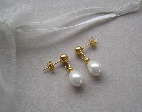 Dainty Teardrop Pearl Earrings on Silver or Gold Ball Studs Yellow Gold Teardrop Pearl Charm Earrings, Delicate Flower-shaped Pearl Drop Earrings, Delicate Flower-shaped Earrings With Pearl Charm, Elegant Flower-shaped Pearl Charm Earrings, Adjustable 14k Gold-filled Pearl Drop Earrings, Teardrop Pearl Earrings, Water Drop Earrings, Earrings Matching, Women Flower