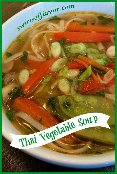 Thailand has arrived in your kitchen when you make Thai Vegetable Soup! Our vegetarian Thai Vegetable Soup is bursting with fresh vegetables, seasoned with fresh ginger, cilantro and lime, and finished with rice noodles for a Thai flavor experience! Homemade soup never tasted so good! #swirlsofflavor #thaisoup #vegetarian #homemade #easy #ricenoodles Chinese Vegetable Soup Recipes, Asian Vegetable Soup, Thai Vegetable Soup, Soup Ginger, Best Vegetable Soup Recipe, Low Carb Vegetable Soup, Detox Vegetable Soup, Soup Thai, Easy Homemade Soups