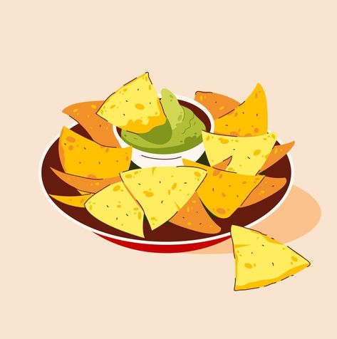 Nachos, mexican food appetizer. Corn tortilla chips with various additives. Vector illustration Mexican Food Illustration, Nachos Drawing, Nachos Illustration, Mexican Food Drawing, Mexican Food Art, Chips Illustration, Nacho Bowl, Taco Illustration, Holiday Drawings