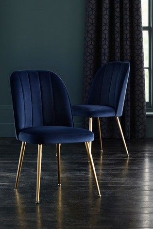 Set of 2 Stella Dining Chairs With Gold Finish Legs Navy Velvet Dining Chairs, Dining Chair Ideas, Navy Blue Dining Chairs, Navy Dining Chairs, Dining Room Navy, Blue Velvet Chairs, Blue Dining Room Chairs, Blue Dining Chair, Gold Dining