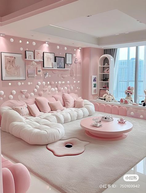 Barbie Aesthetic House, Hang Out Area, Girly Living Room Ideas, Girly Living Room, Pink House Interior, Themed Living Room, Funky Living Rooms, Loft House Design, Sitting Room Design