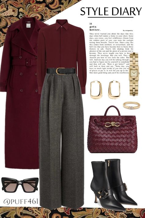 Outfits For Women In Their 30s Work Wear Office Style, Burgundy And Red Outfit, Red And Grey Outfits For Women, Autumn Deep Outfits, Burgundy And Grey Outfits, Winter Office Fashion, Red Coat Outfit Winter, Deep Winter Outfits, Colour Combinations Fashion