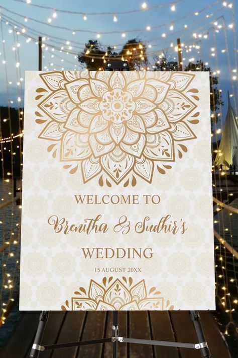 Golden mandala wedding personalized welcome sign Wedding Name Board Indian, Indian Wedding Signs, Indian Wedding Welcome Sign, Sunboard Design, Welcome Board Wedding Entrance, Welcome Boards Wedding, Indian Wedding Welcome Board, Welcome Board Design, Luxe Packaging