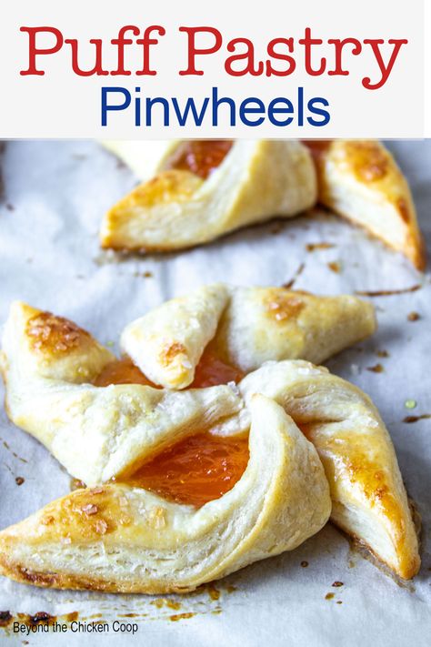 A pastry pinwheel filled with apricot jam. Apricot Pastry, Pastry Pinwheels, Puff Pastry Pinwheels, Puff Pastries, Breakfast For A Crowd, Puff Pastry Dough, Homemade Dough, Homemade Salads, Homemade Salad Dressing